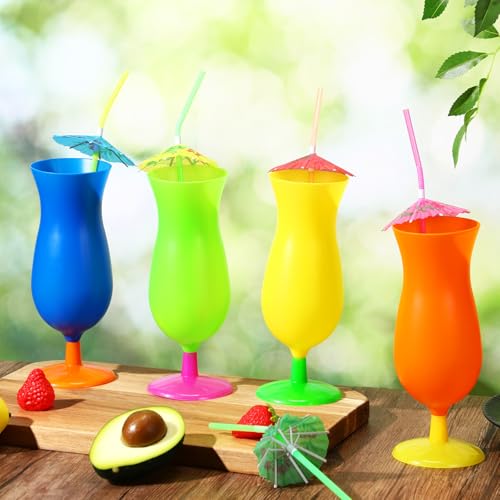 Neon Colored Plastic Hurricane Cups with Umbrella Straws - Tropical Party Supplies