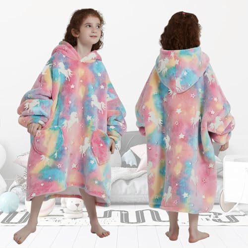 Glow in the Dark Unicorn Oversized Wearable Blanket Hoodie for Kids
