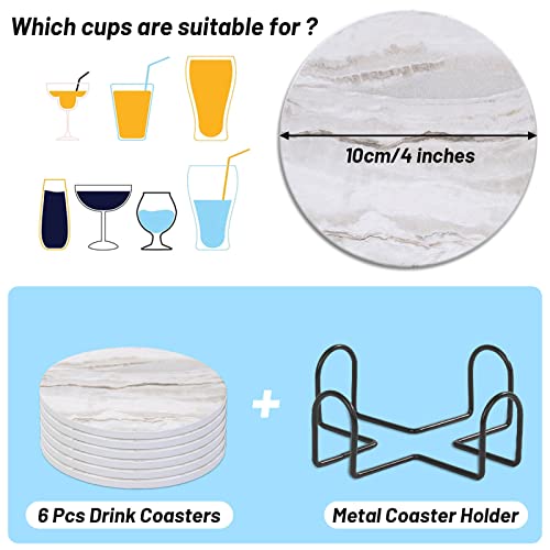 Absorbent Ceramic Drink Coasters with Holder - Set of 6, Marble Style
