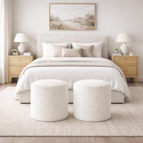 18-Inch Round Storage Ottoman – Cream Boucle Footstool with Lift-Off Lid