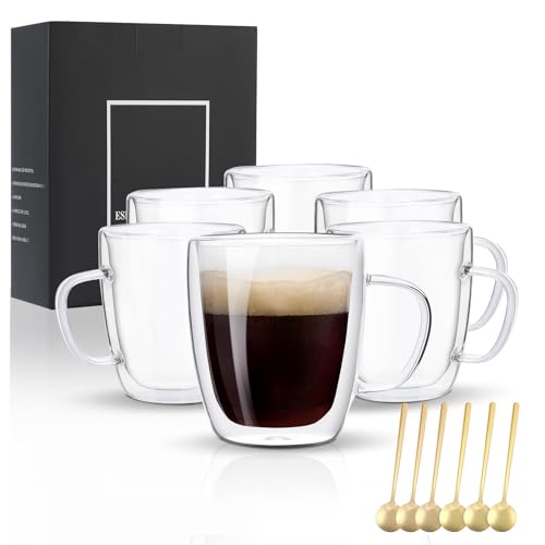 VENVENWEAVS 13.5 OZ Glass Coffee Mug Set of 6 - Double Wall Insulated Cups for Latte & Cappuccino