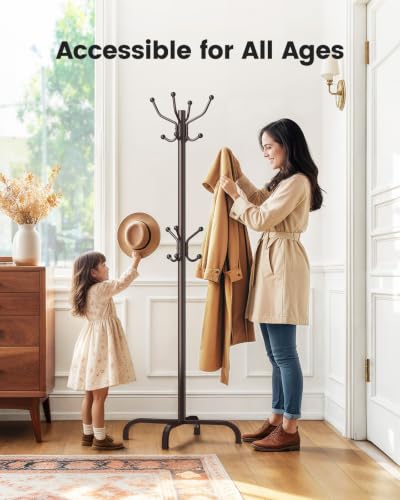 Freestanding Metal Coat Rack with 14 Hooks - Adjustable Entryway Coat Tree