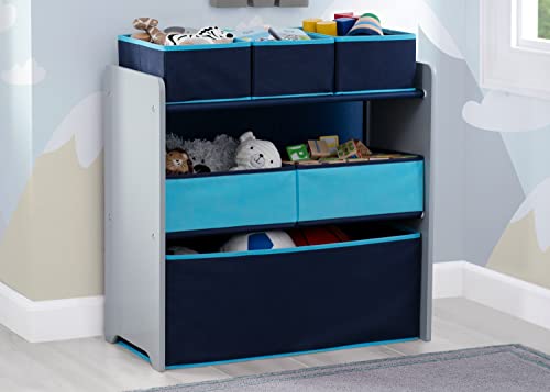 6-Bin Kids Toy Organizer with Reusable Stickers, Grey and Blue