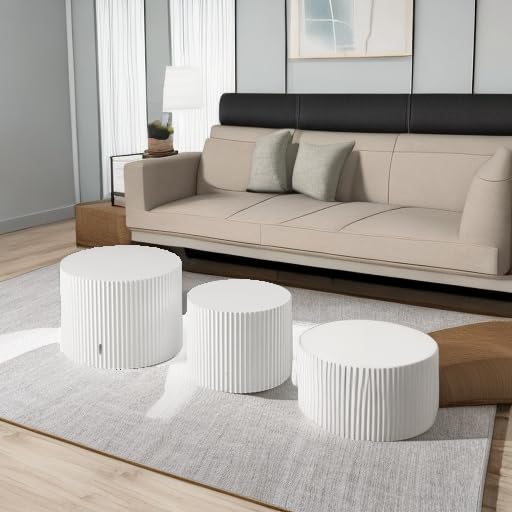 Modern Round Nesting Coffee Table Set of 2, Embossed Wood Drum Side Tables