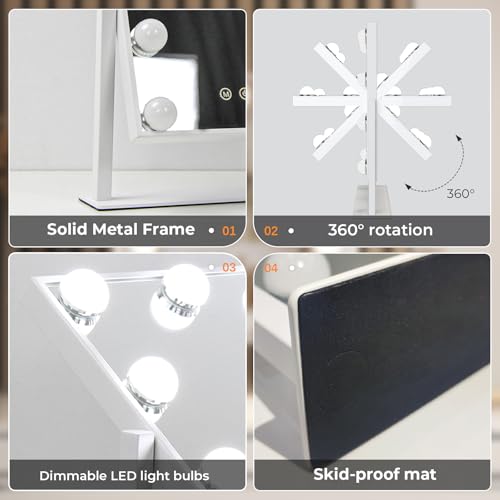 ZL ZELing White Vanity Mirror with Lights 9 Bulbs, Dimmable Touch Control, 360° Rotation