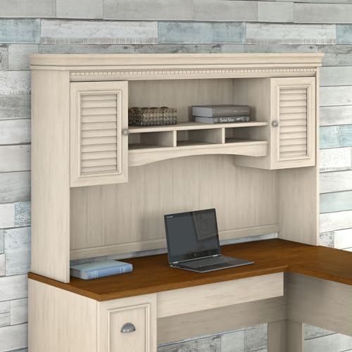 Bush Home Fairview 60W L Shaped Desk Hutch with Shelves & Cabinets, Antique White
