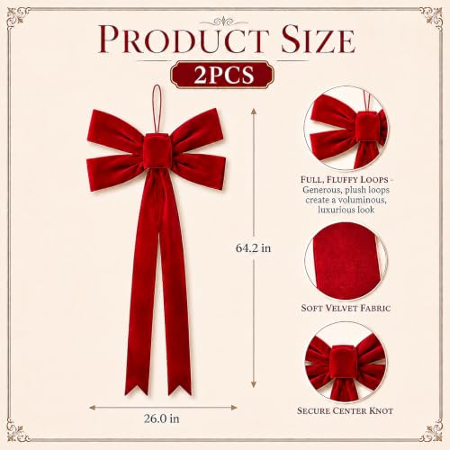 Large Velvet Christmas Bow Ornaments - 2 Pack, 30x75 Inch Holiday Decor