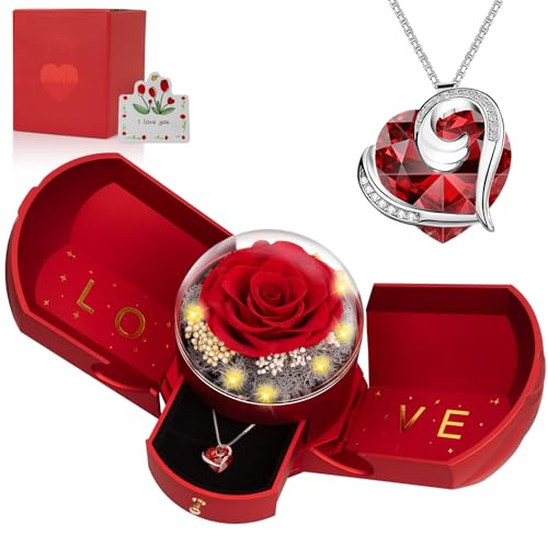 Preserved Real Rose Gift Box with Heartbeat Crystal Necklace