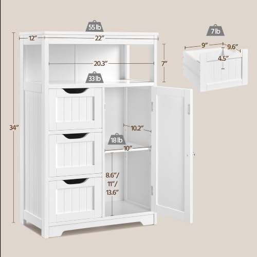 Slim Freestanding Bathroom Storage Cabinet with 3 Drawers and Adjustable Shelf