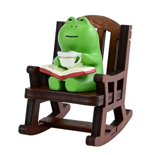 Mini Frog Figurine with Wooden Rocking Chair Desk Ornament Decor