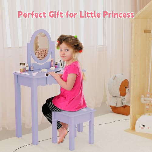 Kids Vanity Set with Mirror, Stool, and Drawer - Purple Wooden Makeup Desk