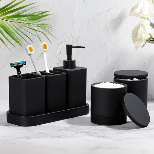 6-Piece Matte Black Bathroom Accessory Set with Soap Dispenser and Tray