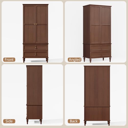 71-Inch Mid-Century Modern Wardrobe Closet with Hanging Rod and Drawers