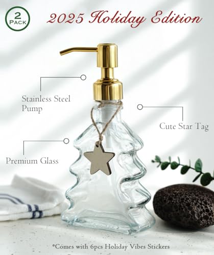 JASAI 2-Pack Christmas Tree Soap Dispensers with Golden Stainless Steel Pumps – Hand, Lotion, or Body Wash