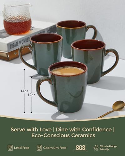 Pokini 14oz Coffee Mug Set of 4 - Artisan Glazed Ceramic Cups for Latte Tea Cappuccino, Brown Green Variation