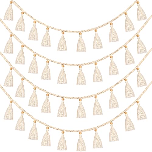 4-Piece Boho Macrame Tassel Garland, 47-Inch Cotton Fringe Wall Hanging
