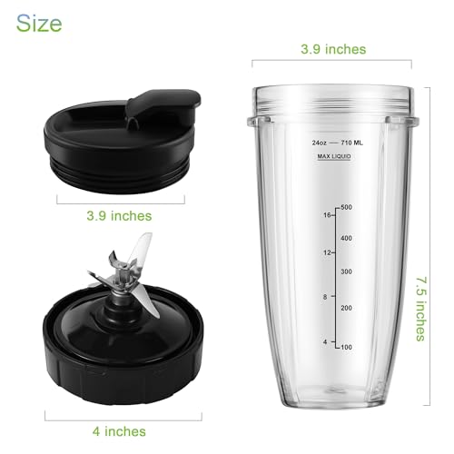 7-Fin Blender Blade Assembly with 24oz Cups and Lids - 5-Piece Set