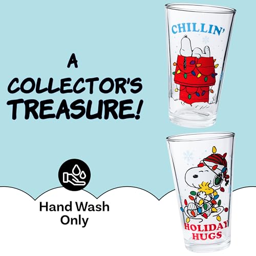 Peanuts Snoopy Holiday Pint Glass Set - 4pc 16oz Christmas Drinkware with Snoopy & Woodstock - Variation of Peanuts Snoopy Holiday
