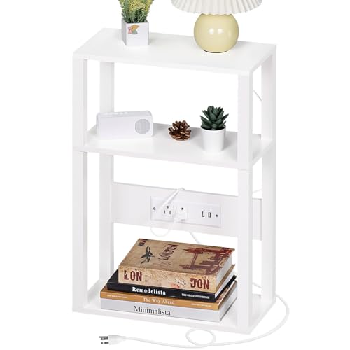 3-Tier Narrow Bedside Table with Charging Station and USB Ports