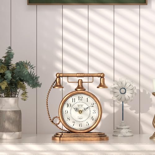 Vintage Telephone Table Clock, Gold Antique Style Mantel Clock 7.3 Inch