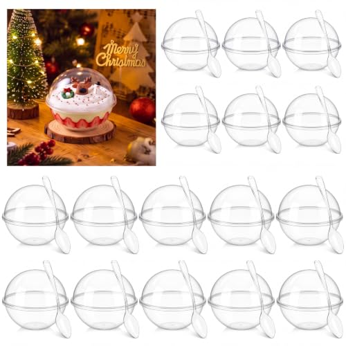 50 Pcs Clear Plastic Fillable Ornaments with Spoons - Spherical Cup Variant