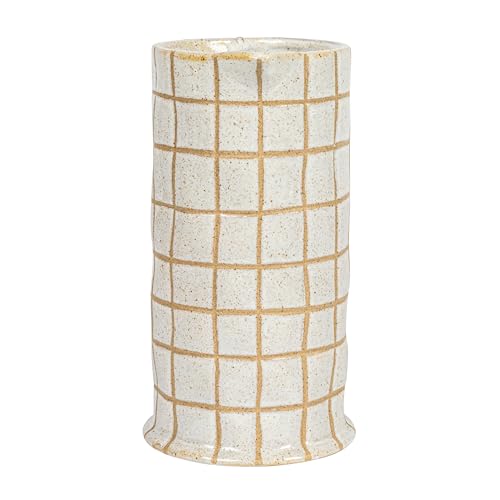 Bloomingville 8.5 Inches 46-Ounce Stoneware Pitcher with Wax Relief Grid Pattern in Reactive Glaze, Cream and Brown