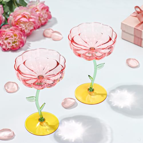 24 Pcs Pink Floral Coupe Glasses, 7oz Detachable Plastic Cocktail Glasses