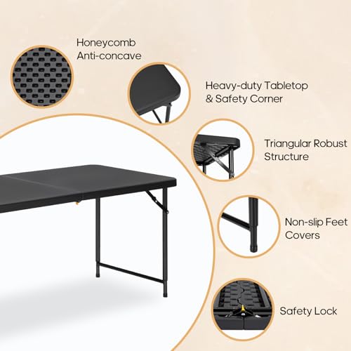 4ft Adjustable Folding Table, Portable HDPE Utility Table for Indoor Outdoor