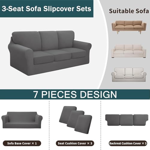 7-Piece Stretch Sofa Cover Set for 3 Cushion Sofas - Grey