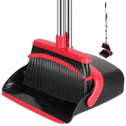 Broom and Dustpan Set with 52-Inch Long Handle and Built-in Comb Teeth