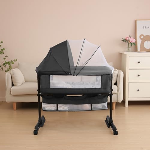 3-in-1 Convertible Bedside Bassinet with Swivel Wheels - Dark Gray