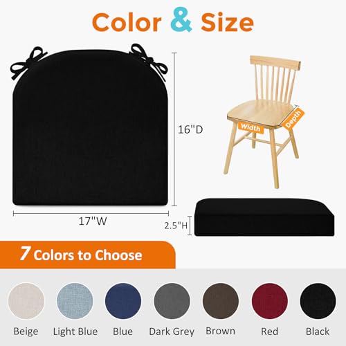 Memory Foam Dining Chair Cushions with Ties, Waterproof Linen, 4 Pack, Black
