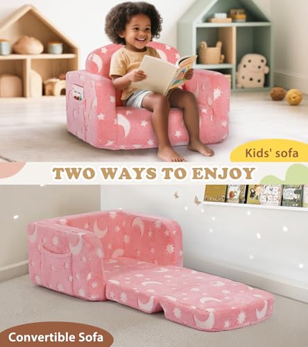 2-in-1 Fold Out Toddler Couch with Blanket and Glow-in-the-Dark Pillow