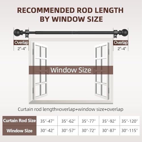 Adjustable Black Curtain Rod Set 32 to 46 Inch with Decorative Finials