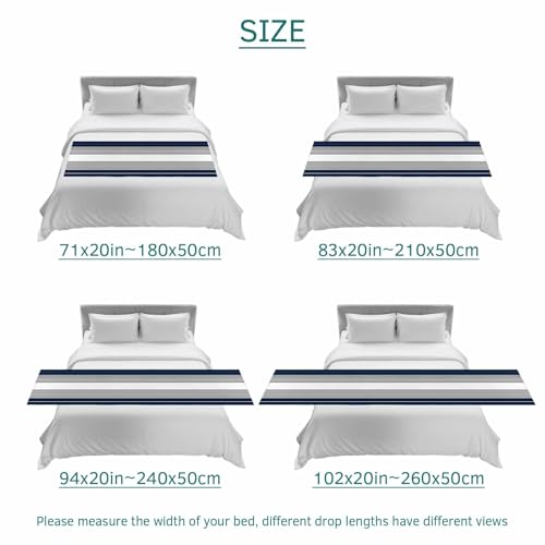Navy Blue Grey Striped Bed Runner for Queen Bed - 94"x20" Satin Scarf