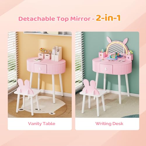 Kids Vanity Set with Lighted Mirror, Rabbit Design Table and Chair, Pink