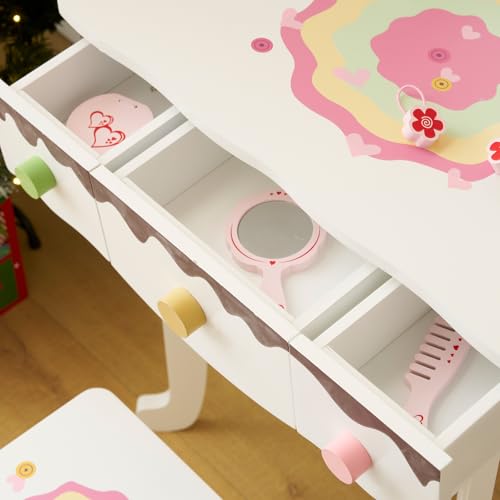 Kids Vanity Table Set with Stool and 7 Makeup Accessories, Rainbow Design
