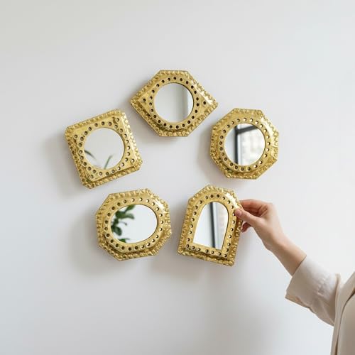 Set of 5 Small Decorative Gold Brass Wall Mirrors, Assorted Geometric Shapes