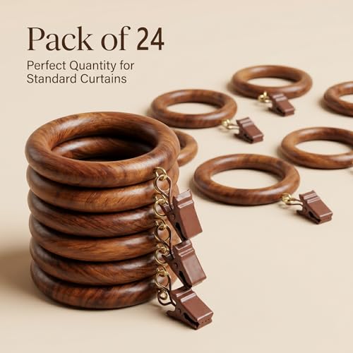 24 Pack Wooden Curtain Rings with Clips, 1.75-Inch Inner Diameter