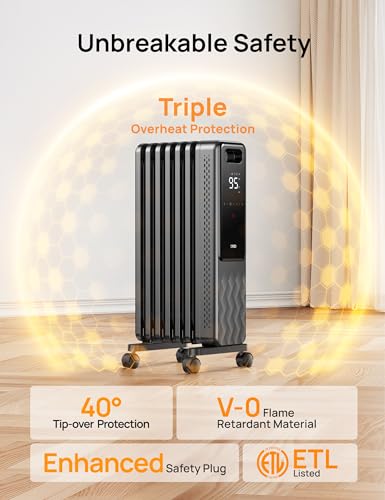 Oil Filled Radiator Space Heater 1500W with Digital Thermostat and Remote