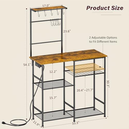 6-Tier Bakers Rack with Power Outlet, Microwave Stand, 10 Hooks - Rustic Brown