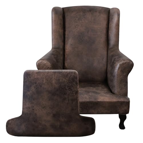 2-Piece Stretch Wingback Chair Covers - Soft Leather Look, Brown