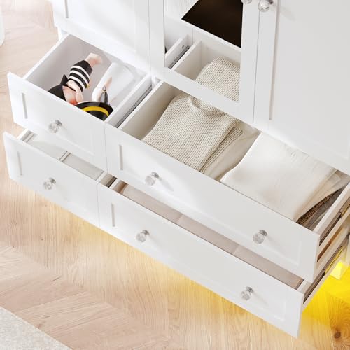 3-Door Bedroom Wardrobe Closet with Mirror, LED Lights and 4 Drawers, White