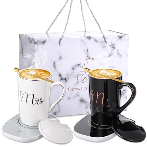 Mr & Mrs Coffee Mug Warmer Set - 14oz Ceramic Cups in Black & White (2 mugs, 2 warmers, 2 lids, 2 spoons) by Acellegic