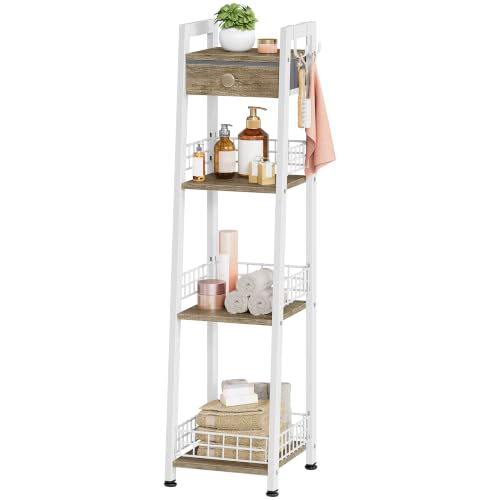 3-Tier Narrow Bathroom Ladder Shelf with Storage Drawer and Hooks, White