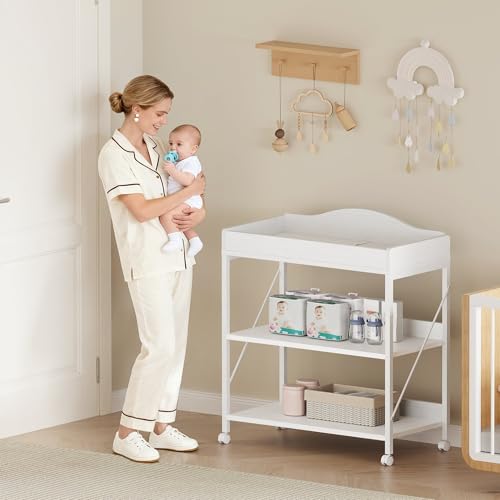 Mobile Baby Changing Table with Waterproof Pad and 2-Tier Storage Shelves