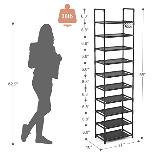 10-Tier Tall Narrow Shoe Rack Organizer with Hooks, Fits 20-25 Pairs