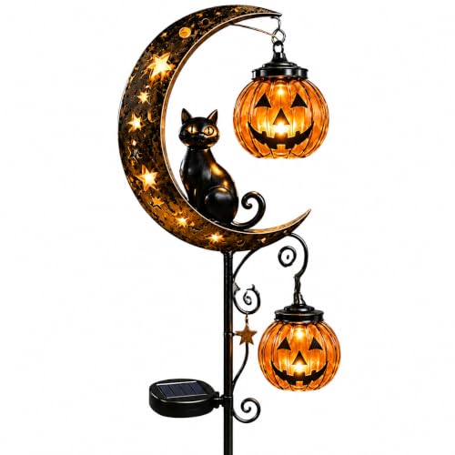 Solar Halloween Black Cat & Pumpkin Moon Outdoor Garden Stake Light