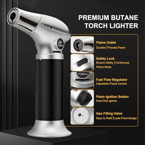 Refillable Kitchen Butane Torch with Safety Lock & Adjustable Flame
