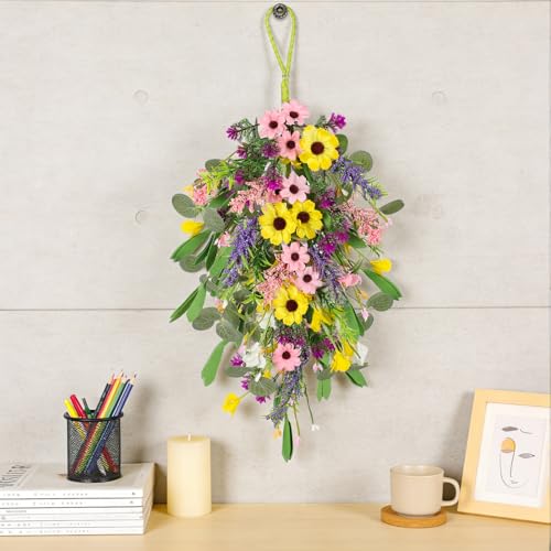 23.6-Inch Artificial Spring Teardrop Swags with Sunflowers, 2-Pack